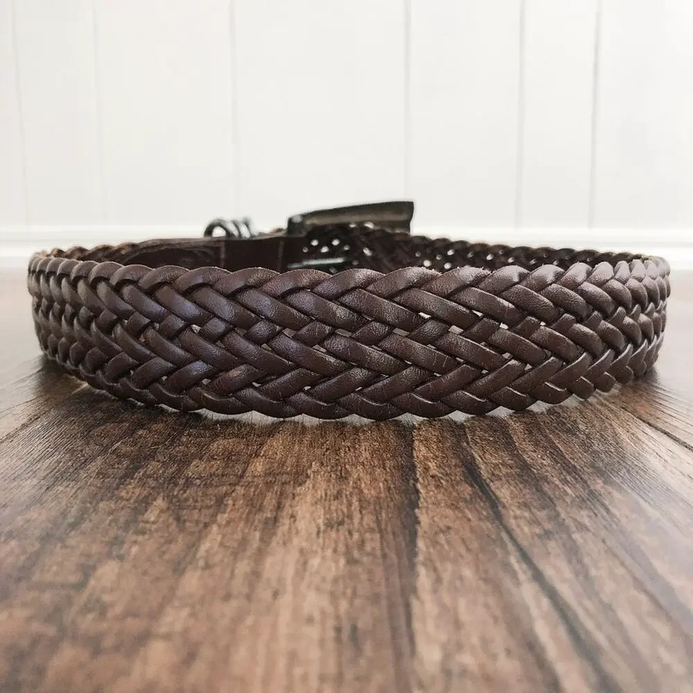 VTG Woven Belt Braided Leather Floral Buckle Jennifer Graham Size Small Brown